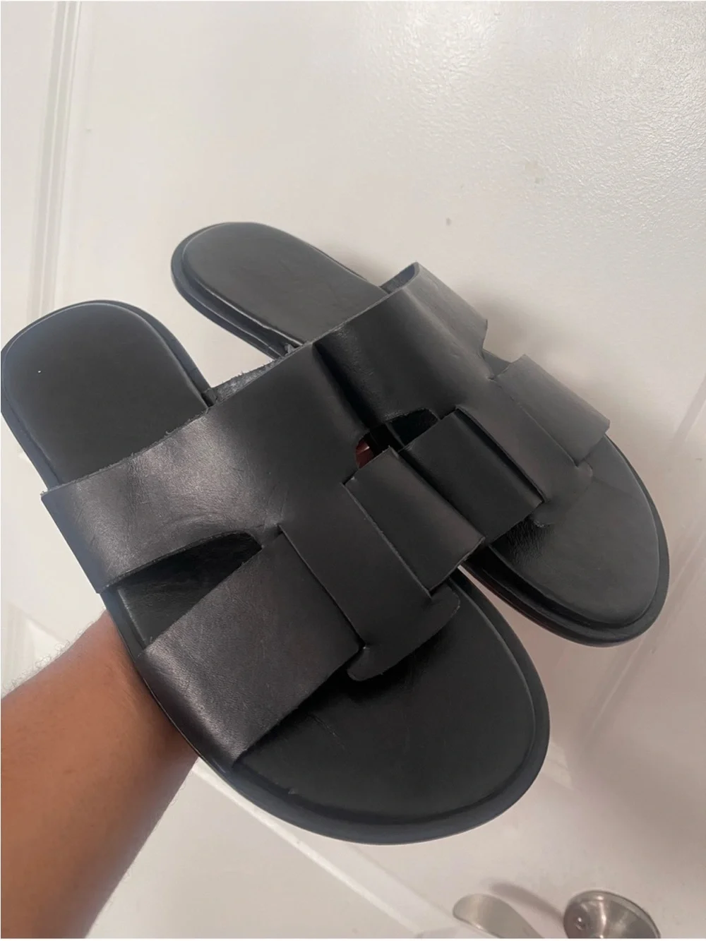 New Black Leather Mens Slide Sandals Sz 10.5